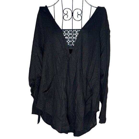 Free People Women's S‎ Plunge Neck Linen Blend Draped Blouse Top Black Lagenlook - Picture 1 of 6